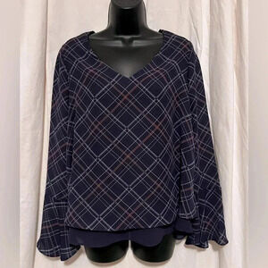 Lauren Conrad Women's Sz M Sheer Blouse V-Neck Navy Plaid Back Lace Bell Sleeve